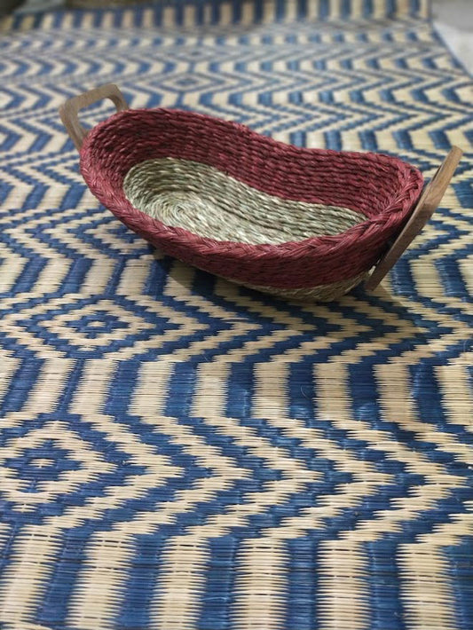 Handmade Sabai Bread Basket with wood Bi colour 12 x 6 x 3 - ArtyCraftz.com