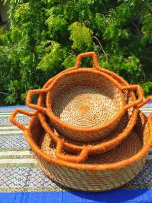 Handmade Sabai Serving Basket with Handle – Eco-Friendly Storage Orange - ArtyCraftz.com