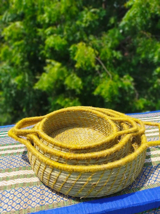 Handmade Sabai Serving Basket with Handle – Eco-Friendly Storage Yellow - ArtyCraftz.com