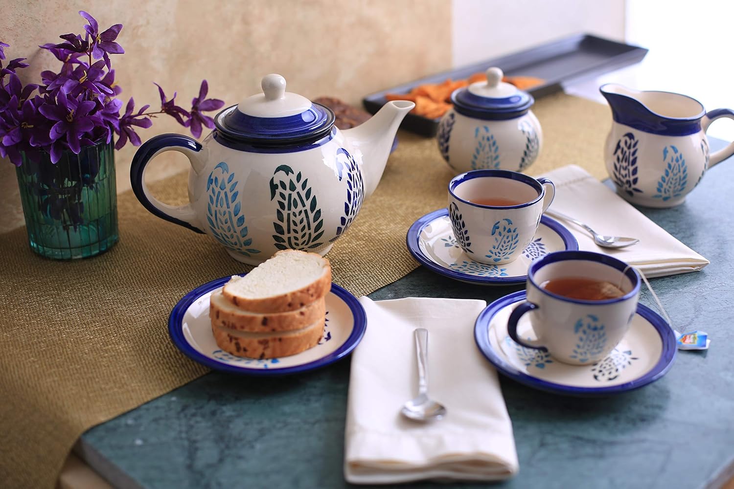 Handmade Stoneware Blue Boota Tea Set-ArtyCraftz.com