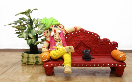 Handmade Terracotta Ganesh with Red sofa Idols for Gifting - ArtyCraftz.com
