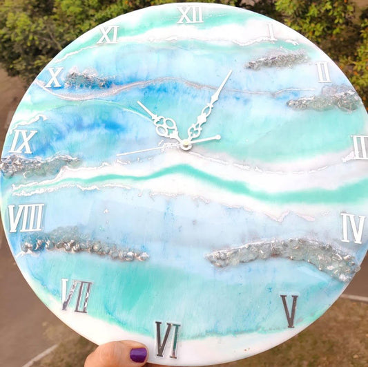 Handmade Wall Clock Blue, White and Silver with clear Quartz Crystals 15 Inches - ArtyCraftz.com