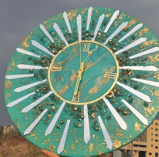 Handmade Wall Clock Golden Finish Acrylic Cutouts with Green Aventurine Crystals and Clear Quartz crystals - ArtyCraftz.com