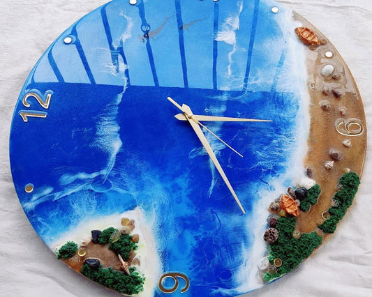 Handmade Wall Clock Ocean Theme with Brown Sand and shells, Golden numbers and Golden Hands 18 Inches - ArtyCraftz.com