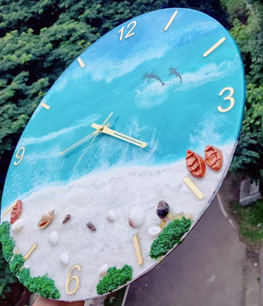Handmade Wall Clock Ocean theme with White Sand and shells, Golden numbers and Golden Hands 15 Inches - ArtyCraftz.com