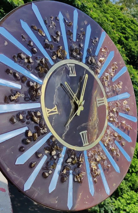 Handmade Wall Clock Silver Finish Acrylic Cutouts with Green Aventurine Crystals and Clear Quartz crystals - ArtyCraftz.com