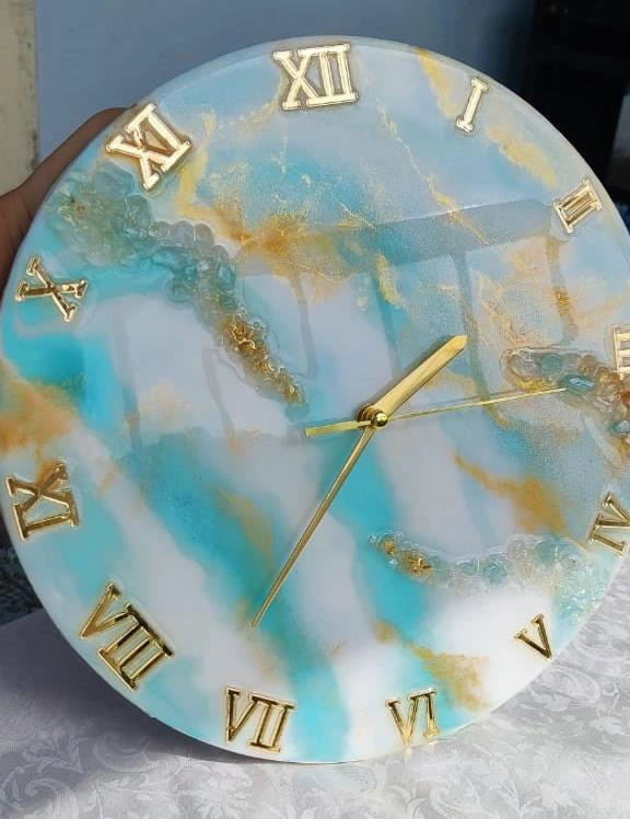 Handmade Wall Clock with Quartz Crystals – Blue & Gold 12, 15, 18 Inches - ArtyCraftz.com