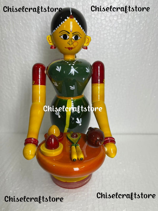 Handmade Wooden Etikoppaka Lady with tambulam Plate - ArtyCraftz.com