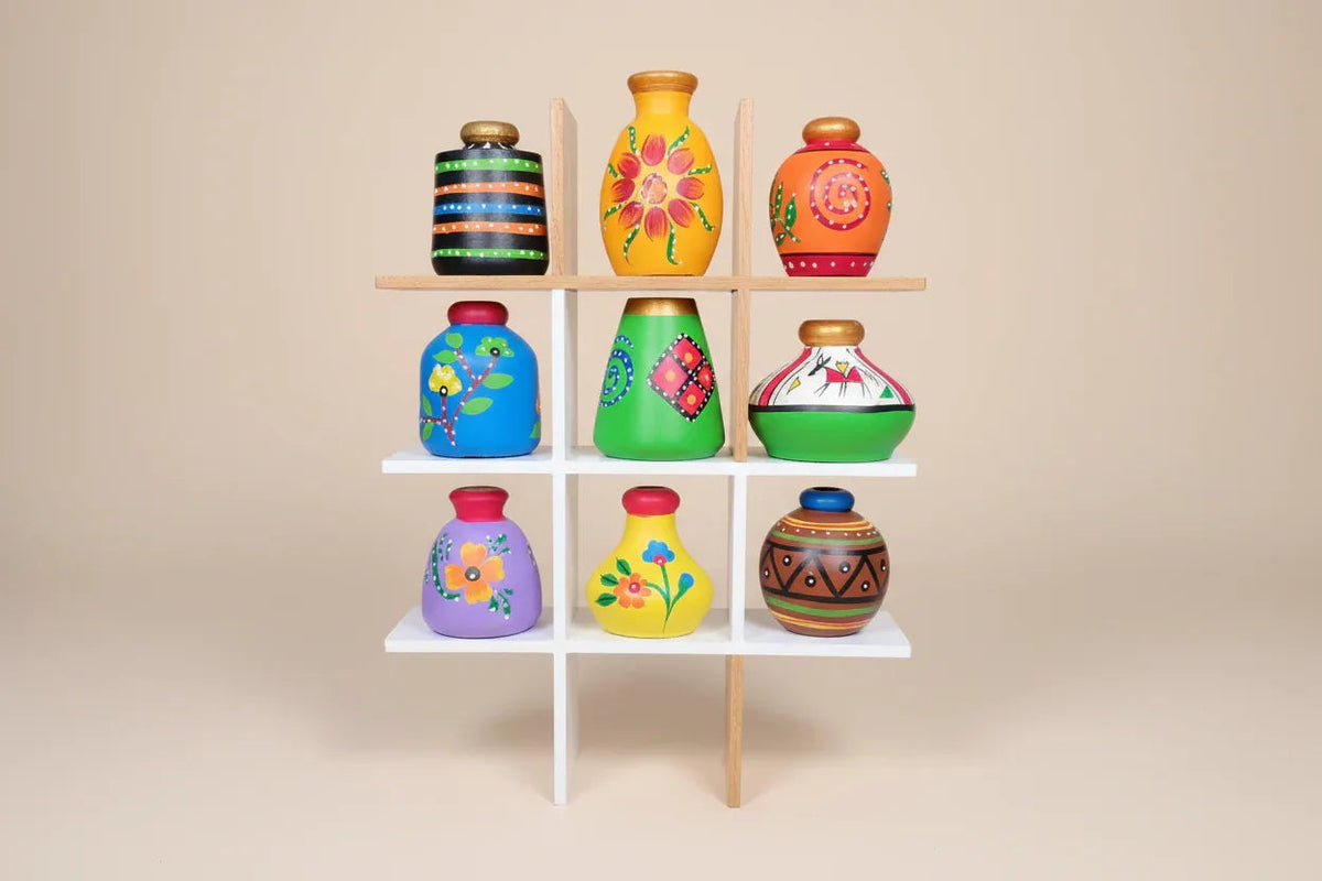 Handcrafted Miniature Clay Pot Set with Wooden Stand - ArtyCraftz.com