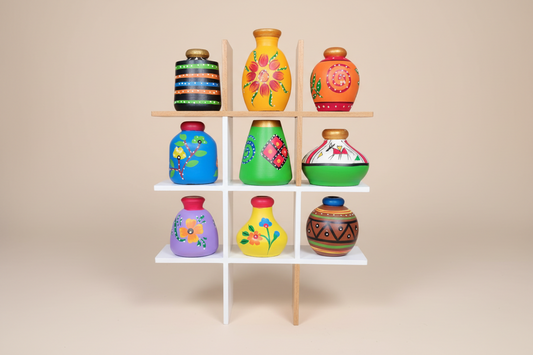 Handcrafted Miniature Clay Pot Set with Wooden Stand - ArtyCraftz.com