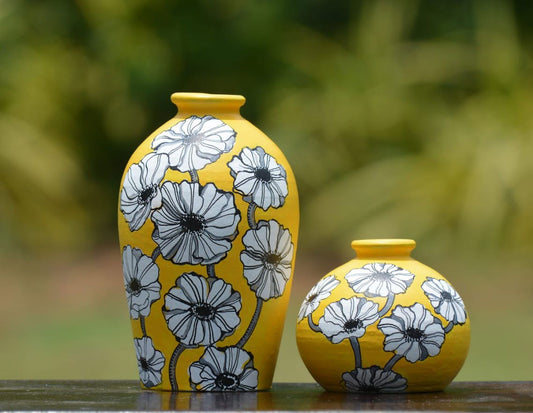 Handmade Yellow floral painted Terracota Flower Vase - ArtyCraftz.com