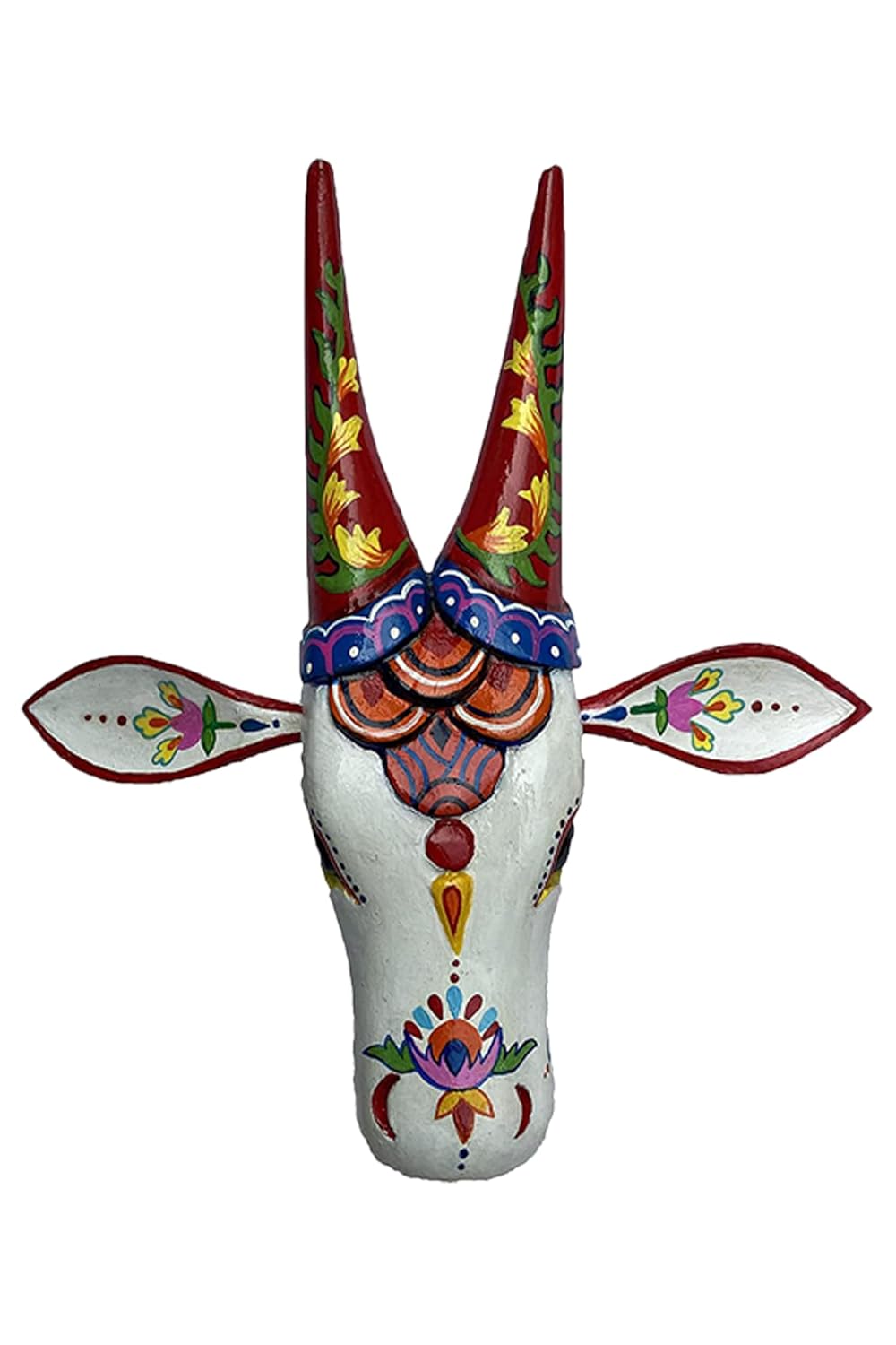 Handpainted Wooden Cow Head with Lotus Wall Hanging