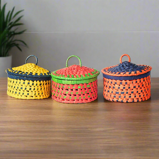 Handwoven Palm Leaves Round Storage Box Set with Lids-ArtyCraftz.com