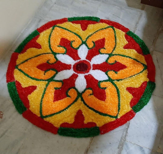 Handwoven Vibrant Multi Colors with Red and Greem Woolen and Canvas Rangoli Mat - ArtyCraftz.com