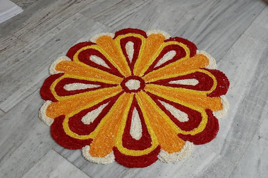 Handwoven White, Red, Yellow Floral Rangoli Mat - ArtyCraftz.com