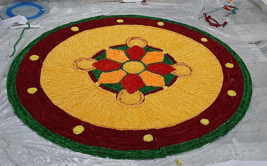 Handwoven Woolen Floral Design with yellow and Red Rangoli Mat - ArtyCraftz.com