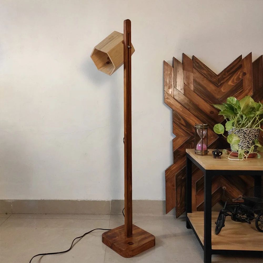 HexSpot Wooden Floor Lamp with Brown Base and Beige Wooden Lampshade - ArtyCraftz.com