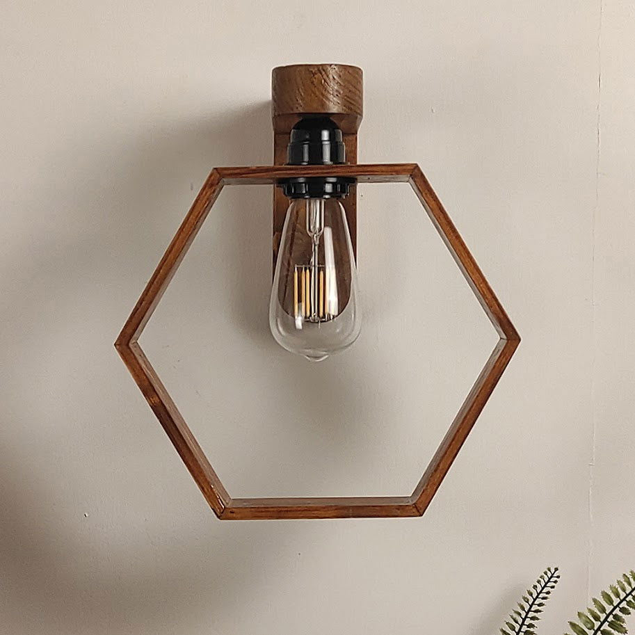 Hex Brown Wooden Wall Light - ArtyCraftz.com