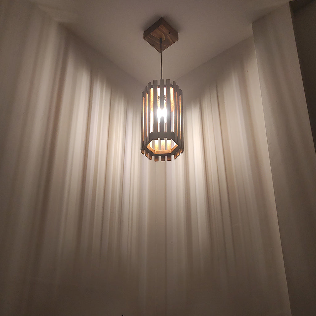 Hexa Brown Wooden Single Hanging Lamp-ArtyCraftz.com