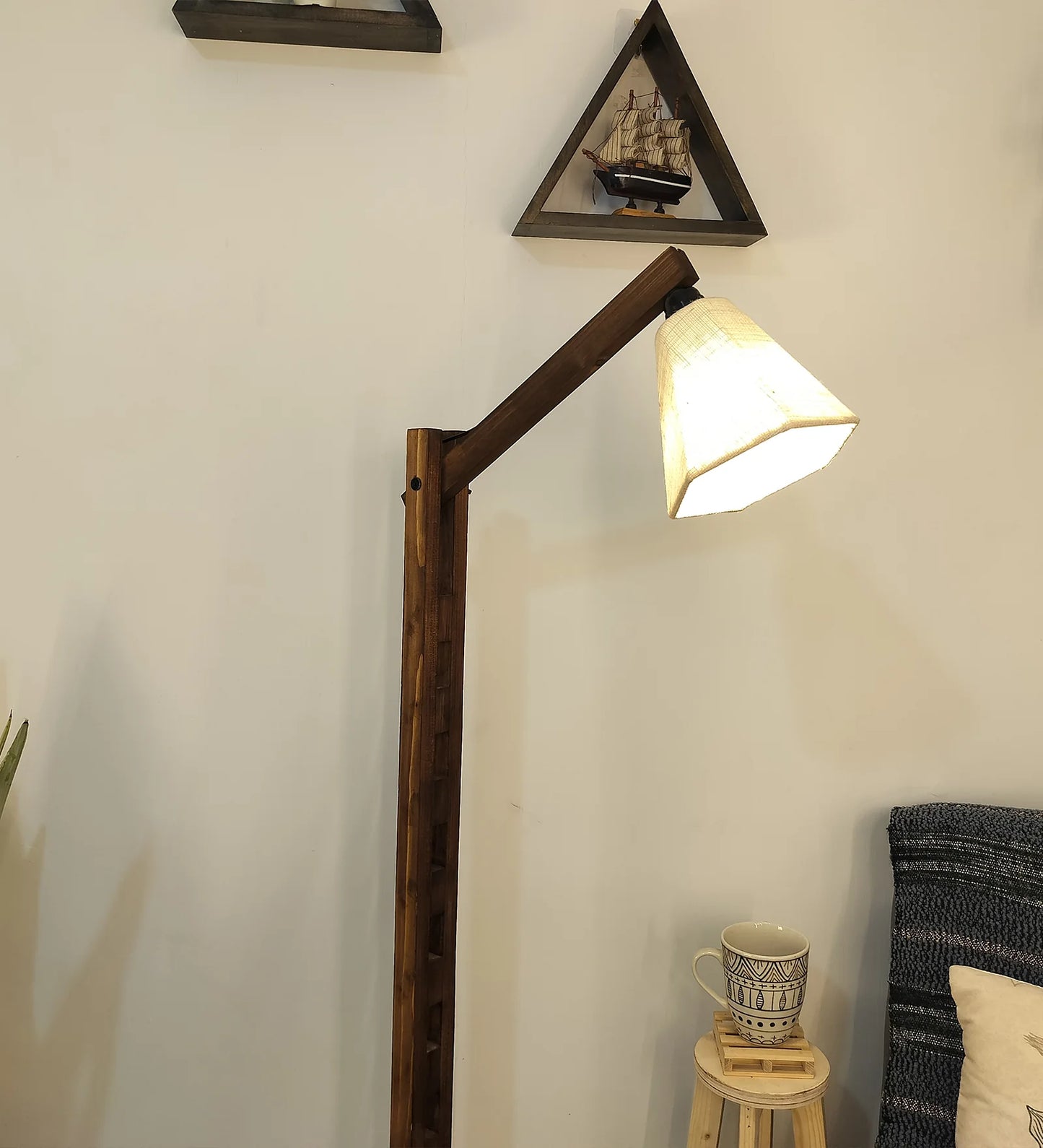 Hinge Wooden Floor Lamp with Brown Base and Beige Fabric Lampshade - ArtyCraftz.com