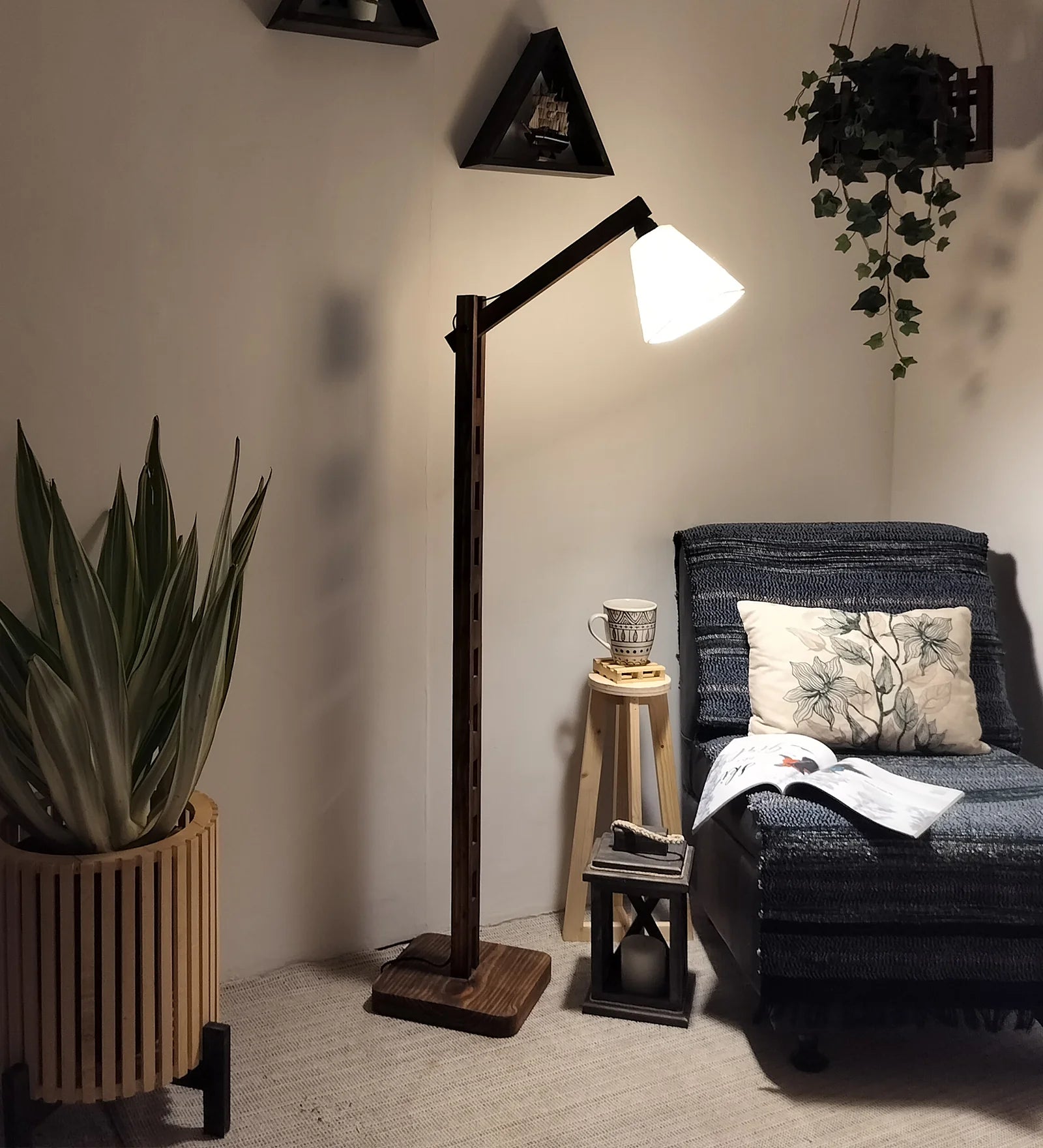 Hinge Wooden Floor Lamp with Brown Base and Beige Fabric Lampshade - ArtyCraftz.com