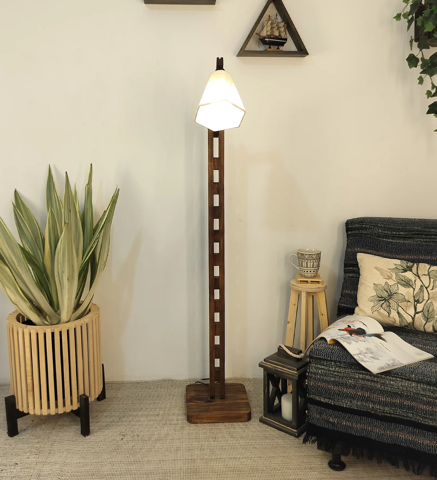 Hinge Wooden Floor Lamp with Brown Base and Beige Fabric Lampshade - ArtyCraftz.com