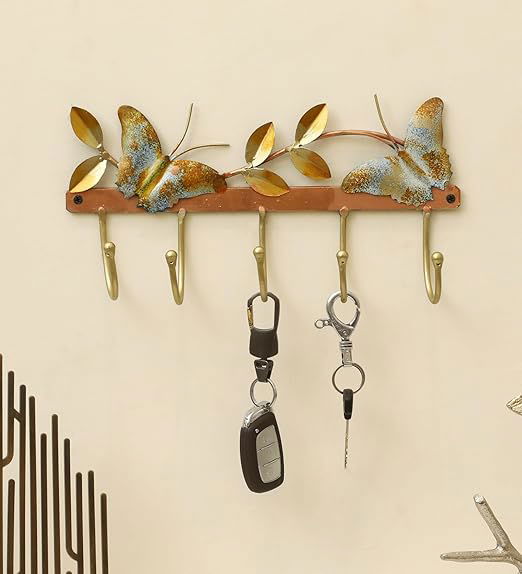 Two Butterfly Decorative Metal Wall Hooks for Keys | 5 Hook Love-Bird Wall Hooks Rack/Holder for Kitchen Utensil,Wall Mounted Key Holder Key Rack Key Hanger - ArtyCraftz.com
