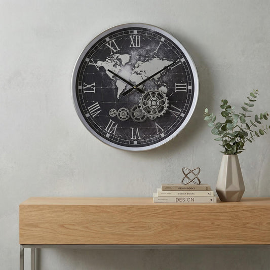 Vintage World Map Wall Clock with Moving Gears