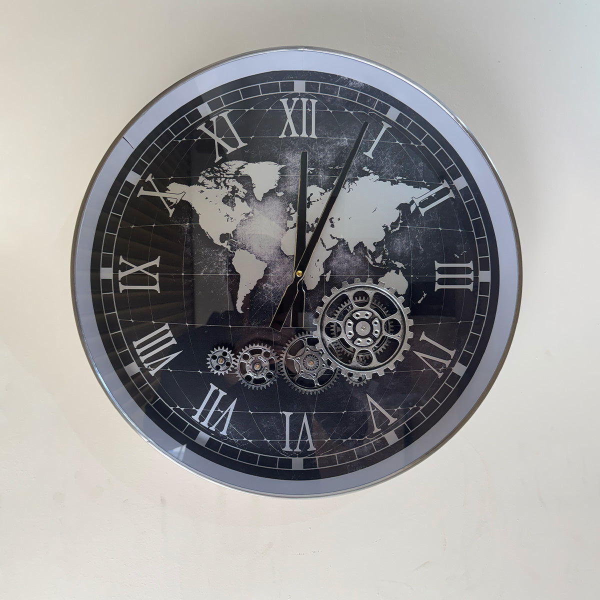 Vintage World Map Wall Clock with Moving Gears