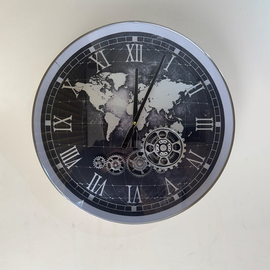 Vintage World Map Wall Clock with Moving Gears