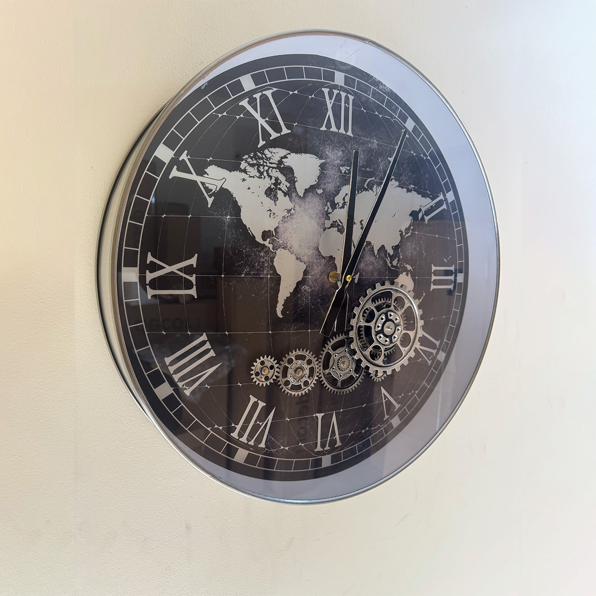 Vintage World Map Wall Clock with Moving Gears