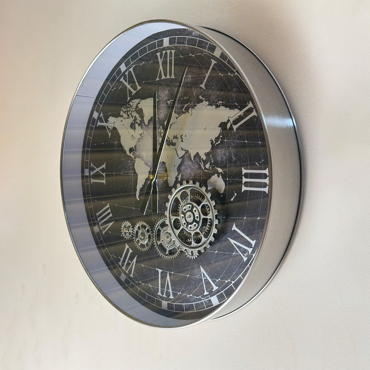 Vintage World Map Wall Clock with Moving Gears