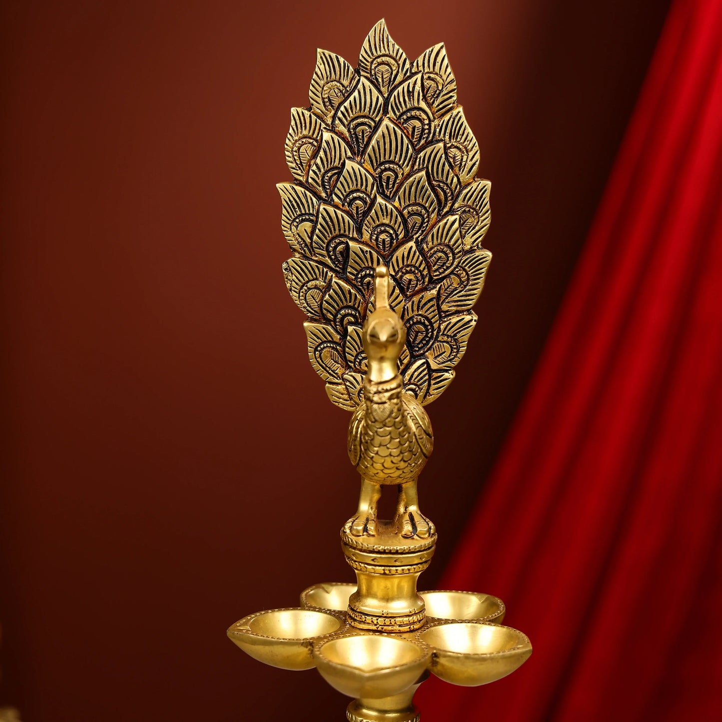 17" Brass Multi Level Peacock Diya With 6 Lights
