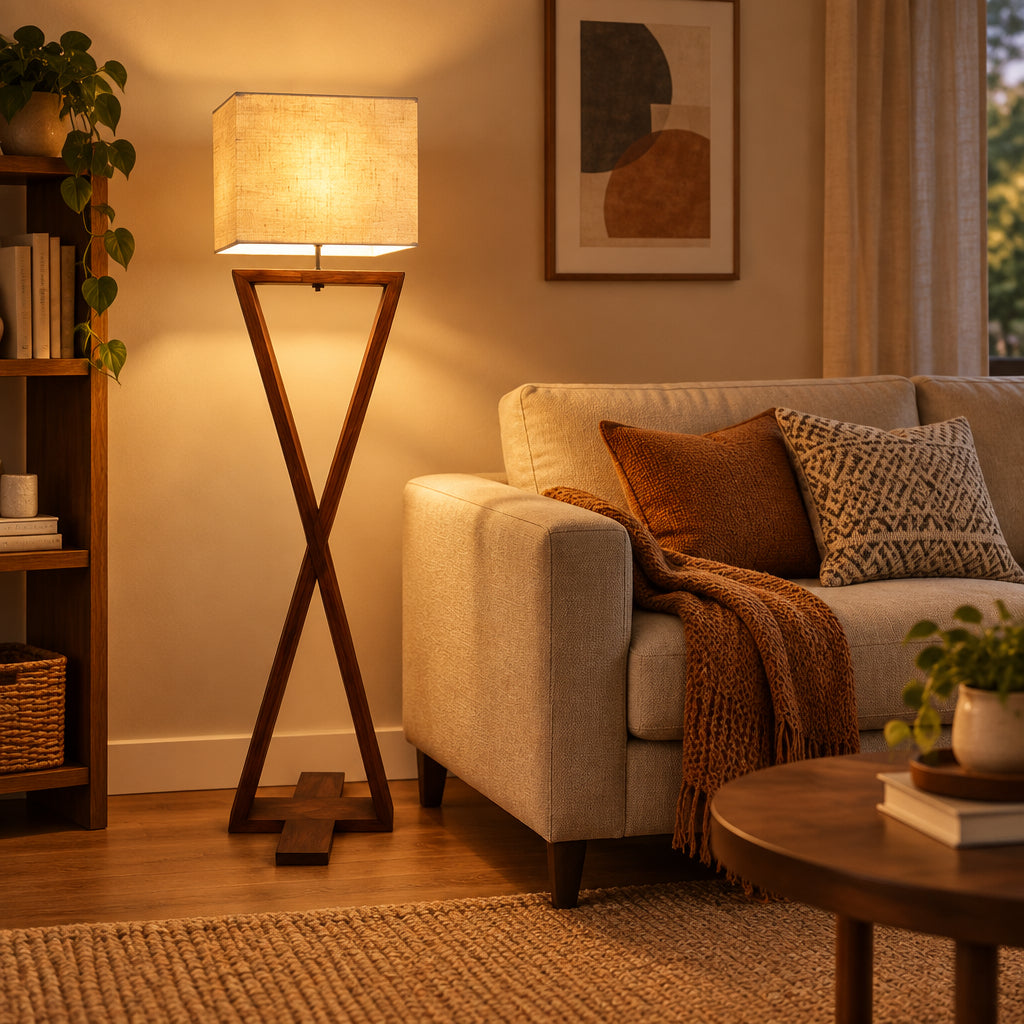 Geometric X-Frame Wooden Floor Lamp with Square Jute Shade-artycraftz.com