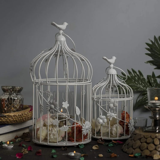 Iron Bird Cage White Color Candle Holder-ArtyCraftz.com