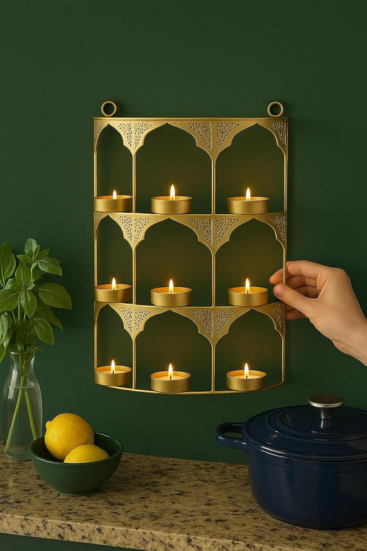 Iron Jharokha 9 T-Light Holder 39 cm Traditional Wall Hanging Candle Decor-artycraftz.com
