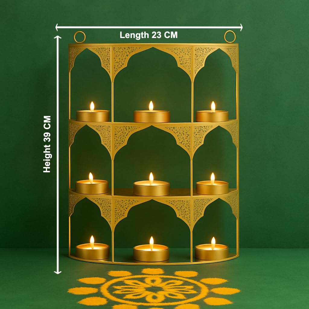 Iron Jharokha 9 T-Light Holder 39 cm Traditional Wall Hanging Candle Decor-artycraftz.com
