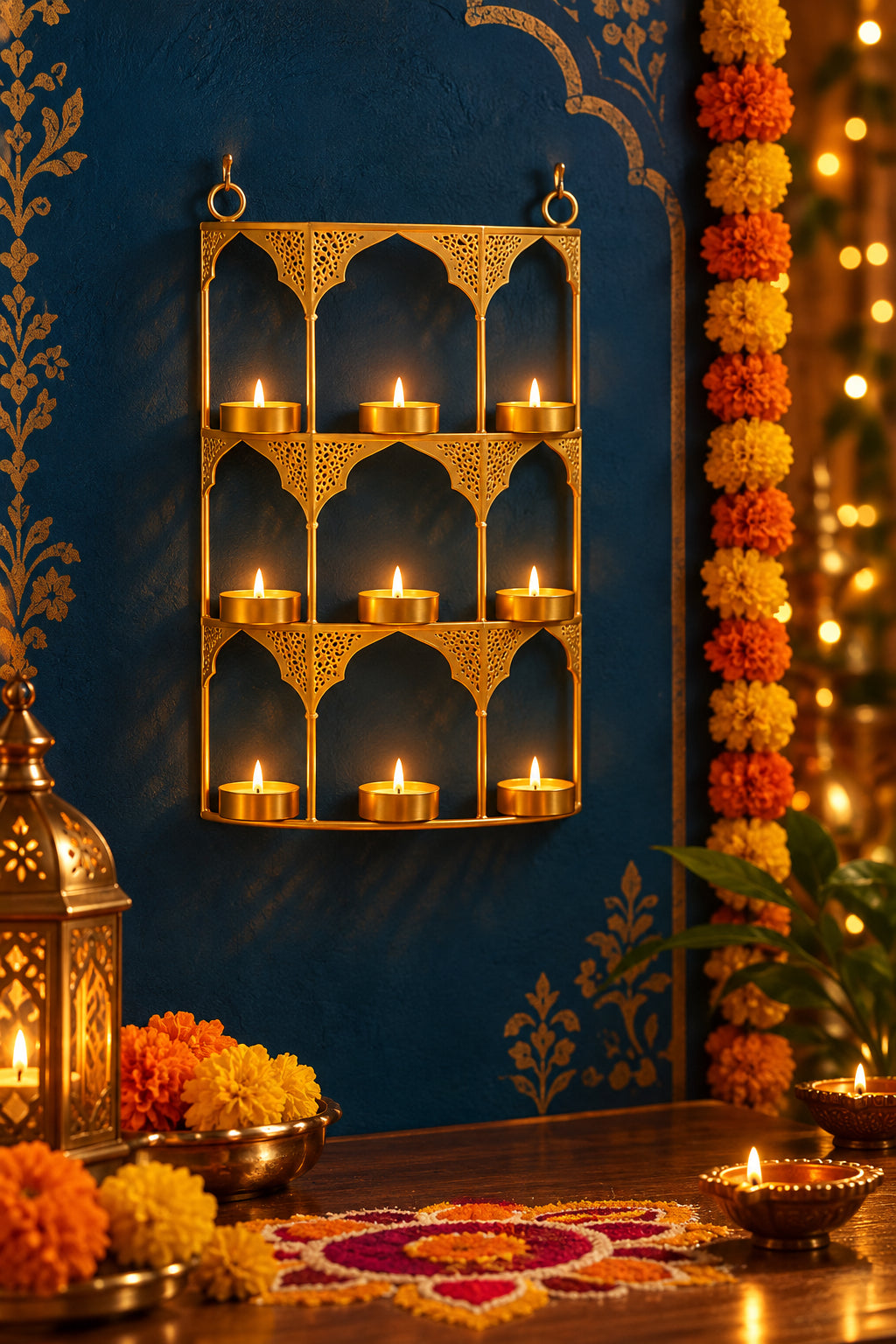 Iron Jharokha 9 T-Light Holder 39 cm Traditional Wall Hanging Candle Decor-artycraftz.com