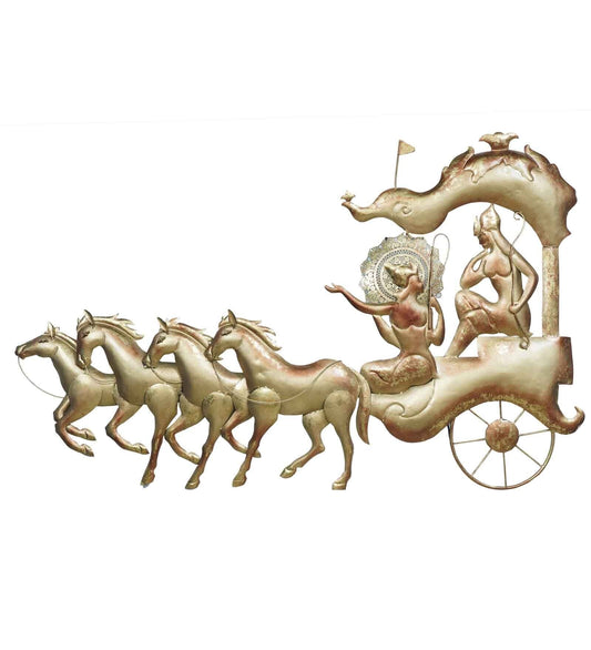 Iron Krishna Arjuna Chariot Wall Art with LED 56 Inches-ArtyCraftz.com