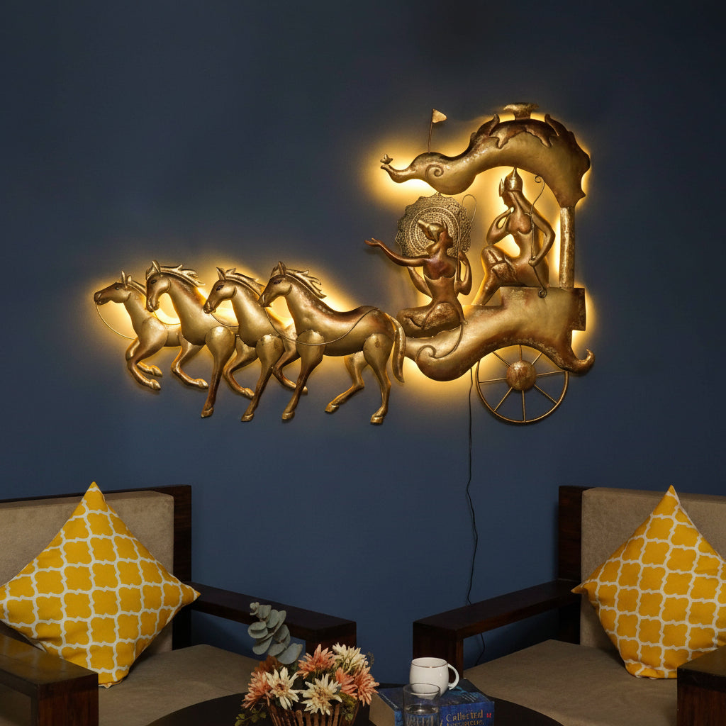 Iron Krishna Arjuna Chariot Wall Art with LED 56 Inches-ArtyCraftz.com
