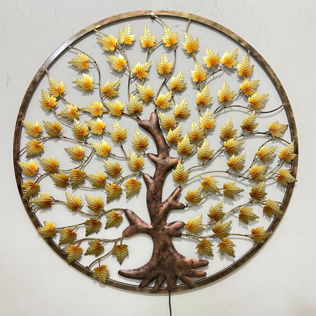 Iron Tree of Life Wall Art with Golden Leaves and Circular Frame-ArtyCraftz.com