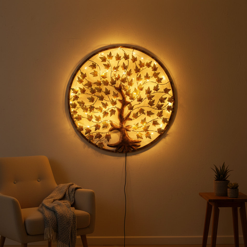 Iron Tree of Life Wall Art with Golden Leaves and Circular Frame-ArtyCraftz.com