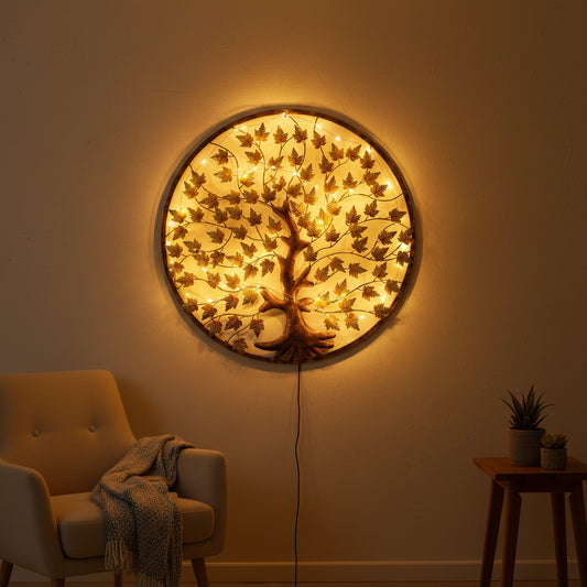 Iron Tree of Life Wall Art with Golden Leaves and Circular Frame-ArtyCraftz.com