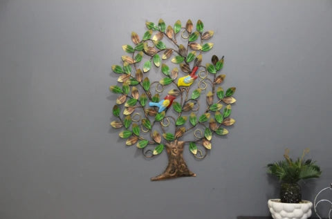 Iron Tree of Life wall art with green leaves and two colourful decorative birds-ArtyCraftz.com