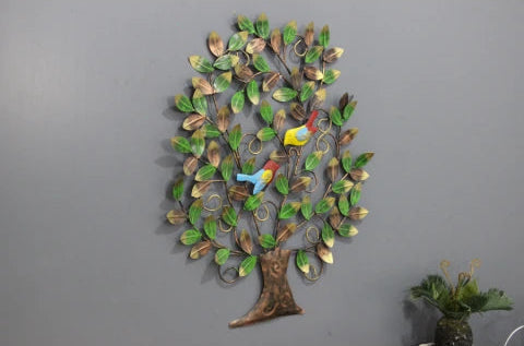 Iron Tree of Life wall art with green leaves and two colourful decorative birds-ArtyCraftz.com