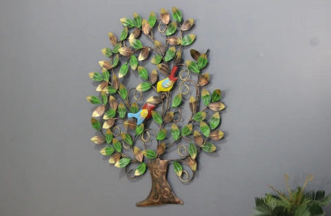 Iron Tree of Life wall art with green leaves and two colourful decorative birds-ArtyCraftz.com