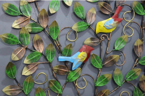 Iron Tree of Life wall art with green leaves and two colourful decorative birds-ArtyCraftz.com