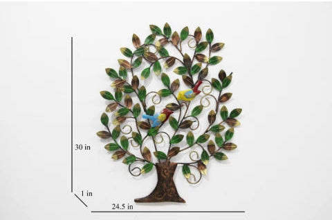 Iron Tree of Life wall art with green leaves and two colourful decorative birds-ArtyCraftz.com