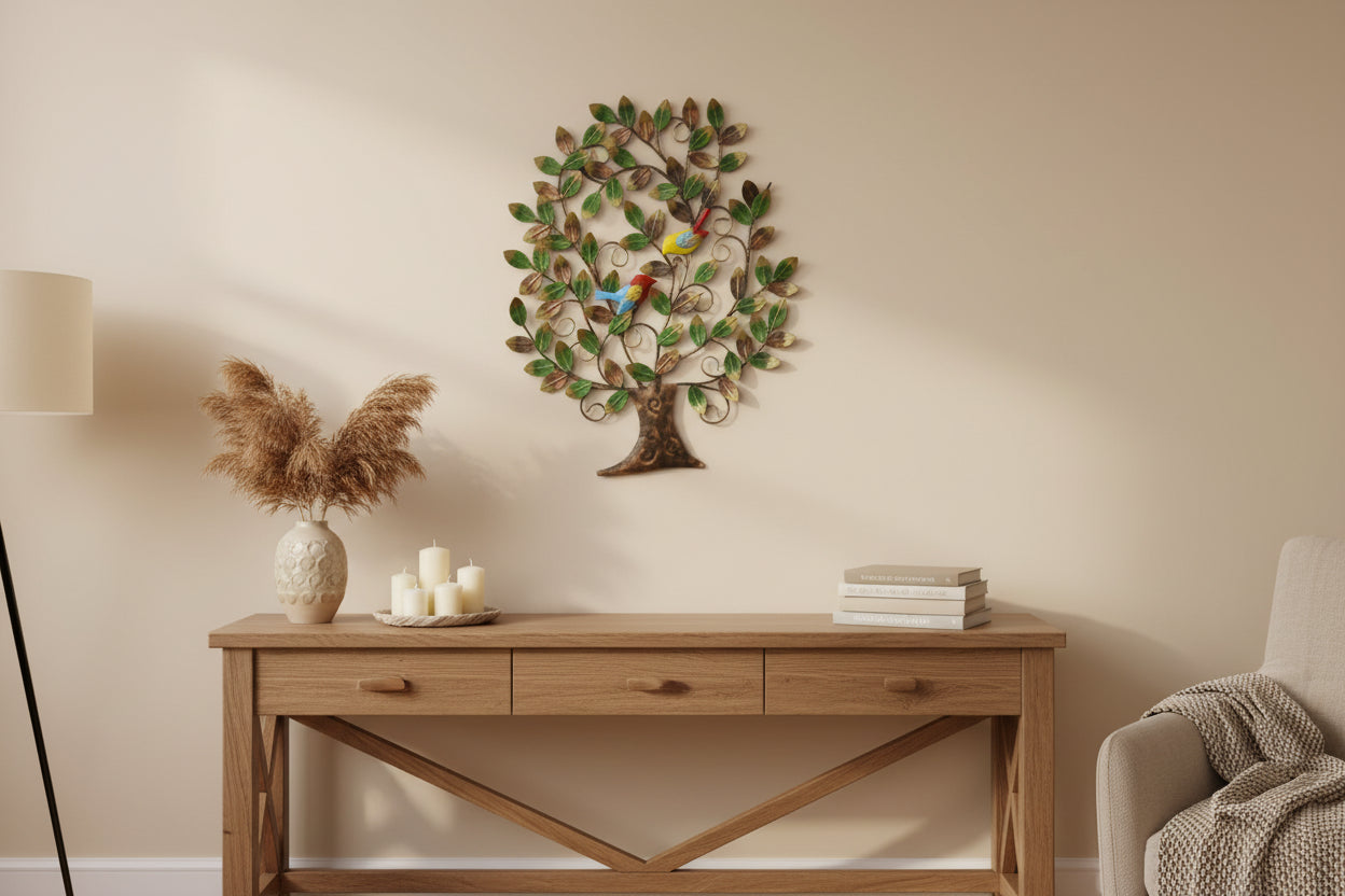 Iron Tree of Life wall art with green leaves and two colourful decorative birds-ArtyCraftz.com