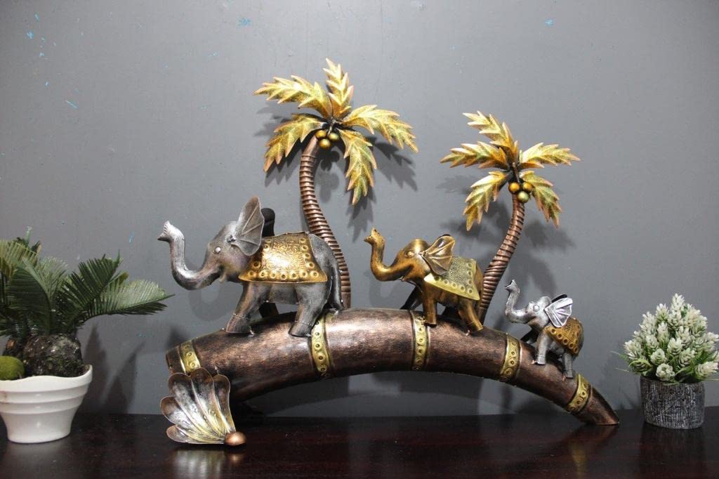 Iron elephant family with palm tree table decor showpiece - ArtyCraftz.com